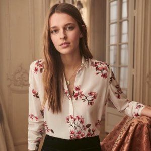 Sezane Ann Silk Shirt in Background Bouquet Printed Ecru